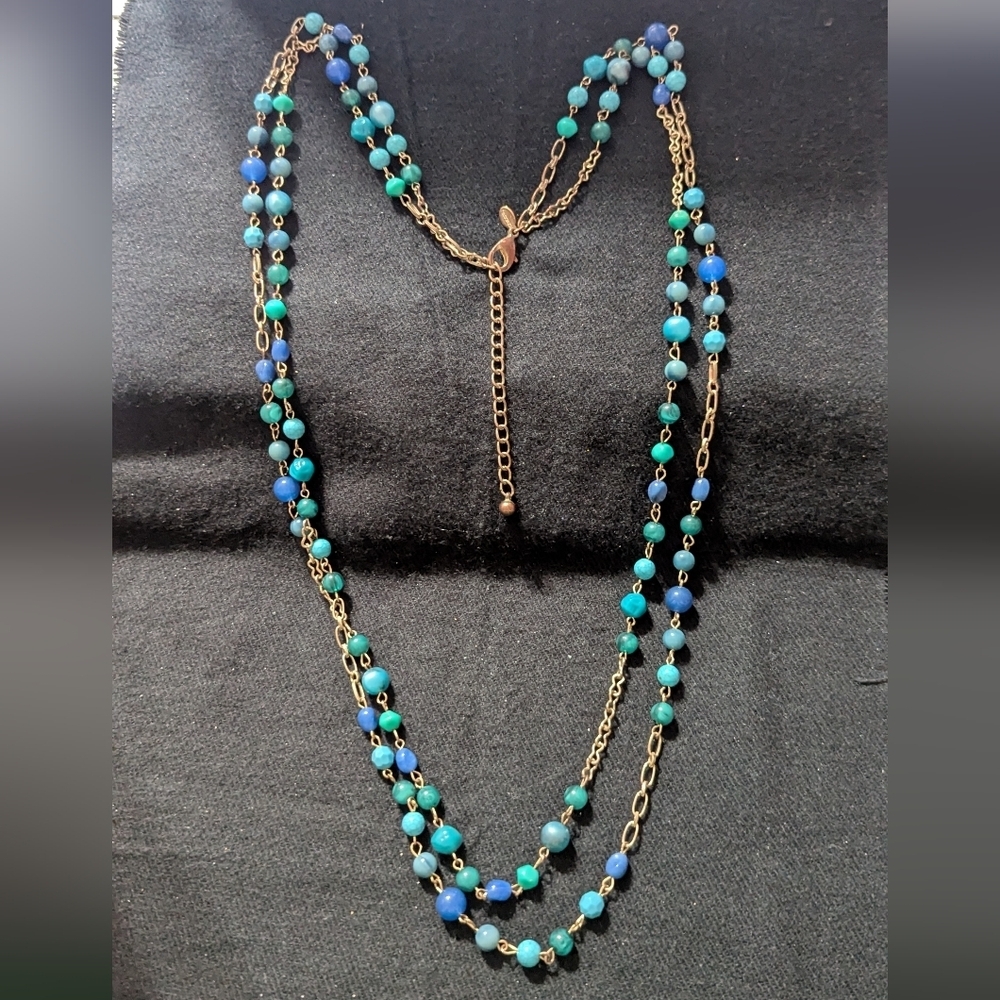Chico's Gold Tone Blue Beaded Long Layered Statement Necklace